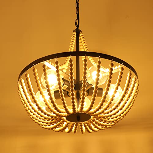 LynPon Boho Light Fixtures Ceiling Diam 20 Inch, 5 Lights Wood Beaded Chandelier Bohemia Coastal Light Fixture Antique Rustic Pendant Hanging Light for Bedroom Kitchen Island Dining Living Room - Image 3