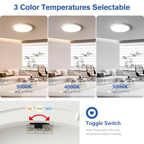 Image of 12 Inch Slim Dimmable LED Flush Mount Ceiling Light Fixtures, 24W 2640LM 3000K /4000K /5000K, Hardwired Led Lights for Bedroom Hallway Laundry Room Rental Units, 240W Equiv., White