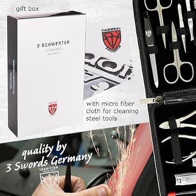 3 Swords Germany - brand quality 12 piece manicure pedicure grooming kit set for professional finger & toe nail care with black synthetic leather case - Made in Germany