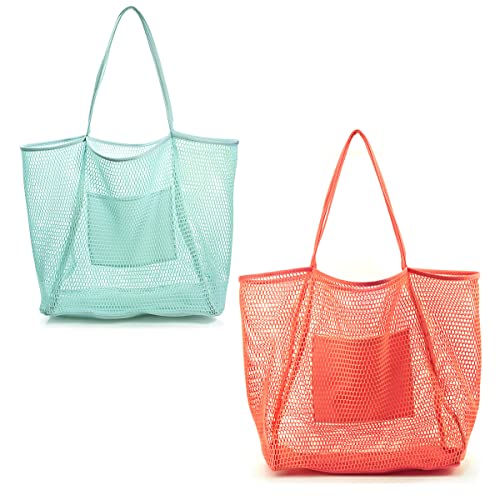 Mesh Beach Tote Womens Shoulder Handbag (Ice Blue, Coral)