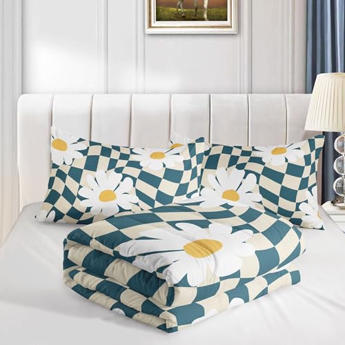 Image of Kids Comforter Set Checkerboard Daisy Printed Pattern Bedding Set with 1 Comforter and 2 Pillowcases for Girls Boys Bedroom All Season(Checkerboard Daisy Twin)