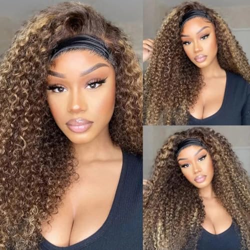 Image of XSY 28 Inch Highlight Ombre Kinky Curly Headband Wig Human Hair P2 /30# kinkycurly None Lace Front Wigs for Black Women Brazilian Virgin Human Hair Headband Wigs