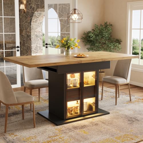 Table à Manger Extensible avec Rangement Et éClairage LED Rvb, 110–140 Cm, Portes Coulissantes en Verre Et PoignéEs Invisibles à Ouverture par Pression
