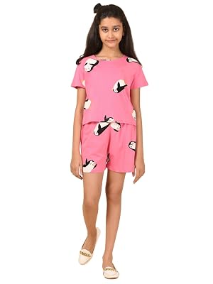 Ninos Dreams Cotton Knit Half Sleeves Tshirt & Shorts Set with Penguin Print-Pink