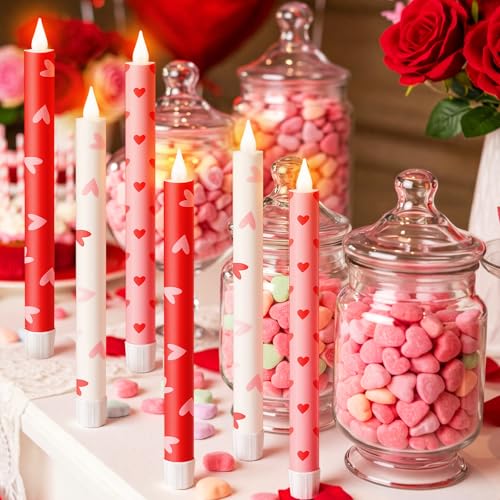 Lyrow 6 Pcs Valentine\'day Flameless Taper Candles with Red Heart 11 Inch Real Wax LED Candles Flickering Battery Operated Candlesticks for Valentines Gifts Proposal Wedding Anniversary Romantic Night - Thumbnail 6
