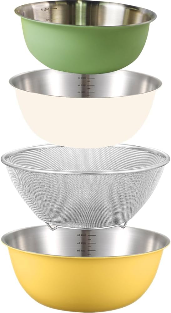 A.B Crew Stackable Stainless Steel Mixing Bowls and Colander Set Nesting Colander Bowl Set Baking Mixing Bowls Set Cooking Prep Bowl Set Draining Colander Bowl for Kitchen Decor