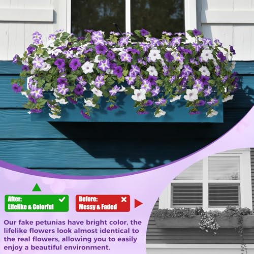 Image of Bassion Artificial Flowers for Outdoors, 2 Pcs Fake Petunia Flowers, Purple | UV resistant, silk flowers, realistic morning glory faux plants, porch garden home planters outdoor decoration