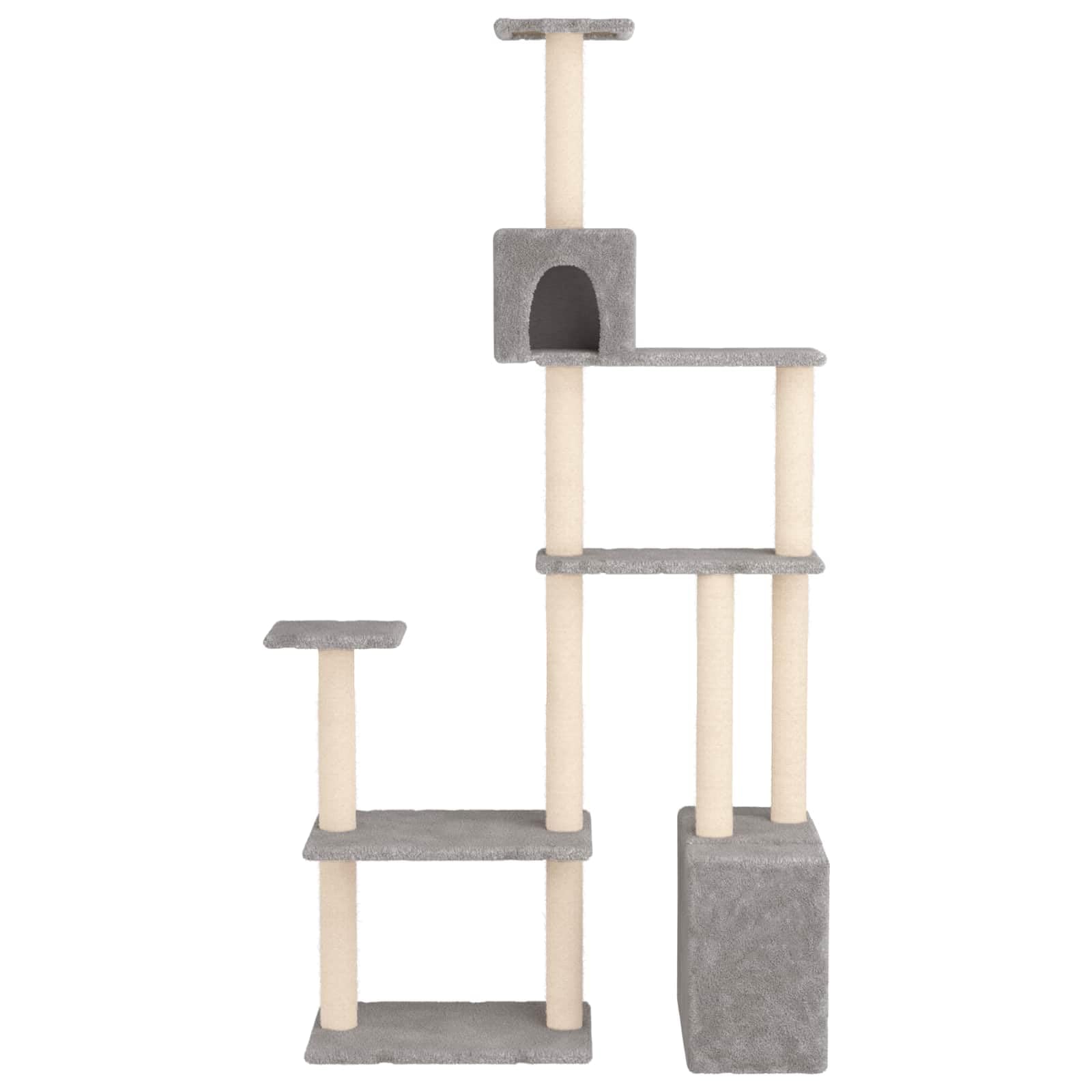 Kratzbaum mit Sisal-Kratzsäulen und Höhle in Hellgrau, 177,5 cm hoher Kletterturm für Katzen, stabile Holzstruktur, inklusive Liegeflächen, Hängematte und Kratzbretter