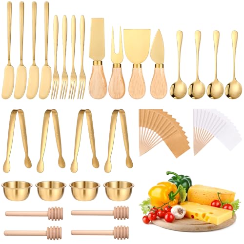 LIQWEI I48 Pcs Charcuterie Boards Accessories, Wooden Cheese Spreader Knive Set Mini Serving Spoon Fork Tongs Honey Dippers Blank Toothpick Flags Bowl for Party Platter Making