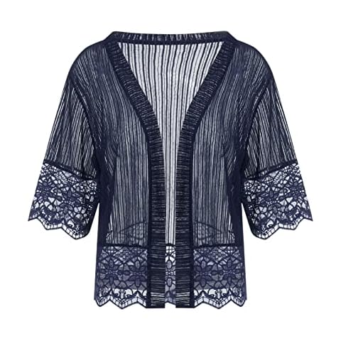 MALCIKLO Lace Sheer Cardigan Short Sleeve Ruffle Open Front Tops for Women (Dark Blue, Large) Cover
