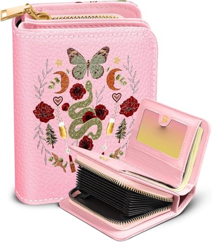 Image of Bistup Leather 12 Slot Accordion Card Holder Wallet, Butterfly Moon | Accordion Storage, Zipper Around Closure, Compact Patterned Wallet for IDs, Cards, Cash, Daily Carry and Gifts