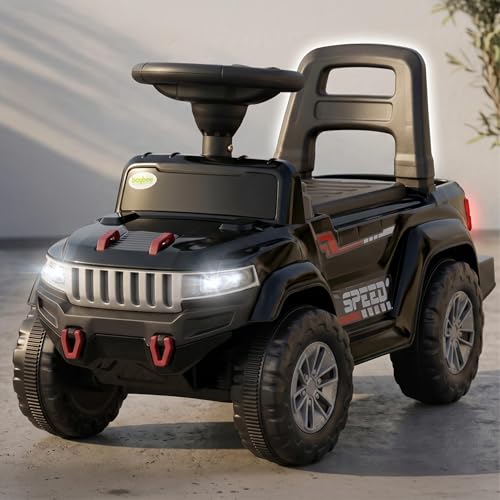 Image of Baybee Speedy Baby Ride on Car for Kids | Portable Kids Car with LED Lights, Music & Storage Basket | Push Toy Cars with High Backrest | Toddler Rideons Jeep for 1 to 3 Years Boys Girls (Black)