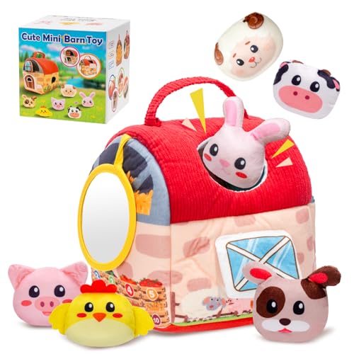 Baby Toys 6-12 Months, Montessori Sensory Newborn Toys, Stuffed Farm Animals with Rattle, Mirror, Crinkle Paper, Gift for 6-12 12-18 Months 1-3 Year Old Toddlers Boys Halloween Girls