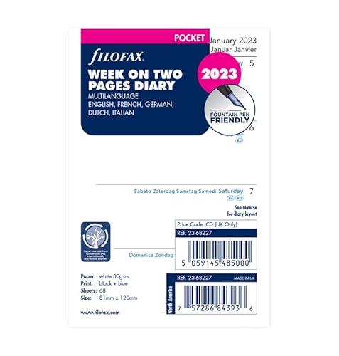 Letts of London Filofax Pocket Week on Two Pages 5 Language 2023 Diary, White (23-68227)