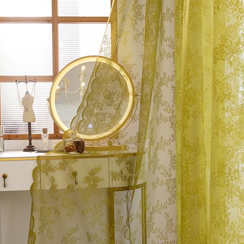 Deeprove Sage Green Lace Sheer Curtains 63 inches Length 2 Panels Set, Florals Embroidery Bohemian Window Treatment Pair Drapes for Farmhouse Bedroom Living Room Easter Decor, W57 x L63