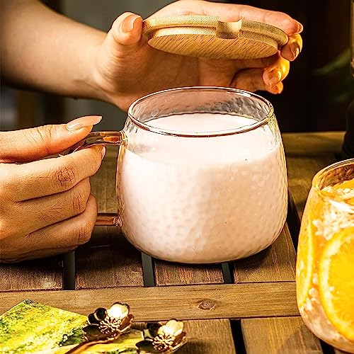 Image of KELVEE Glass Coffee Mugs with Wooden Lid and Spoon Set of 2, Clear Wide Mouth Morning Breakfast Tea Cups for Milk, Cereals, Oats, Yogurt (450ml)