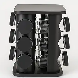 Porta Temperos Giratório Preto com 12 Potes de Vidro 85ml Organizador de Condimentos de Vidro Moderno e Funcional para Cozinha