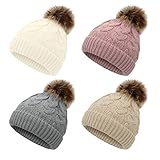 Durio Baby Mütze Strickmütze Wintermütze Beanie Hut Warm Fellbommel Hüte Kleinkind Kids Mädchen Jungen für Winter 4er Set Grau Weiß Khaki u. Pink 6-24 Monate
