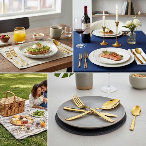 Image of 30 Pcs Gold Cutlery Set for Dining Table the Perfect Mirror Polish Hevy Duty Tableware Including Dinner Spoon, Dinner Fork, Dinner Knife, Dessert Spoon & Dessert Fork