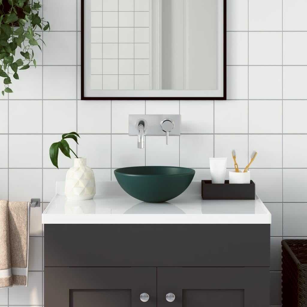 Lavabo de cerámica verde oscuro, redondo, 280 mm de diámetro, 100 mm de altura, 45 mm de desagüe, para cuarto de baño, huéspedes, lavabo, lavabo, sanitario, montaje