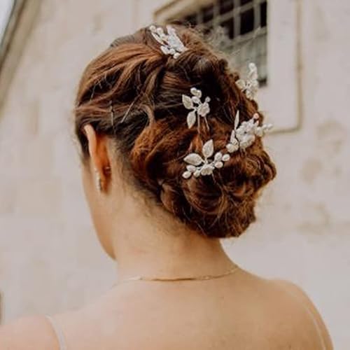 Miniatura 10 de Unicra Alfileres de pelo de novia de plata con diseño de flores de novia, tocado de perlas y diamantes de imitación, accesorios para el cabello para