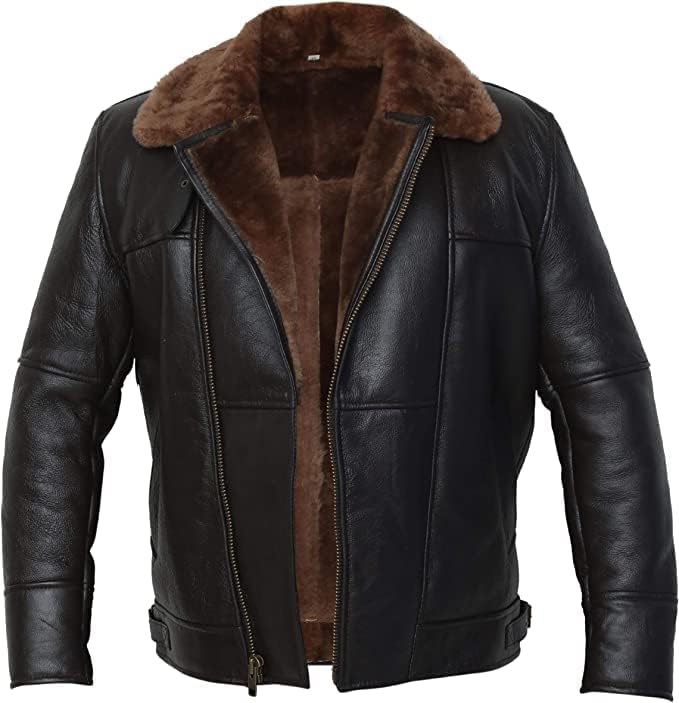 Men's Real B6 Shearling Sheepskin Coat | Winter Aviator Flying Coat | Classic Zip-up Biker Bomber Fur Jacket