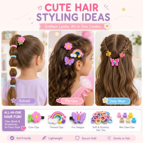 Image of 134 Pcs Hair Accessories for Kids Girls | Cute Baby Hair Clips, Theme Clips, Mini Claw Clips & Rubber Bands Combo | Hair Accessories for Baby Girl | Kids Hair Clips Set | Mixed Designs