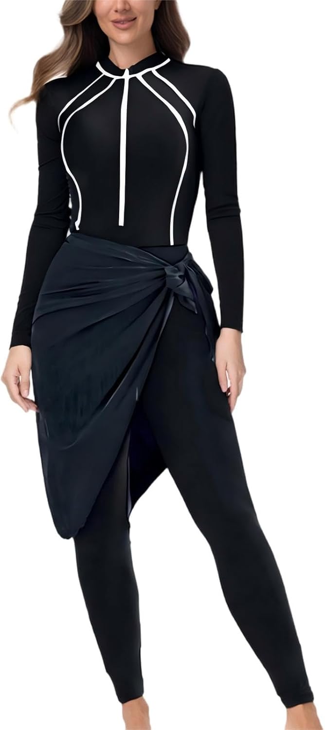HGps8w Women's Long Sleeve Rash Guard Sets Zipper Swimsuits with Sarong Cover up Wrap Skirt Full Coverage Bathing Suits