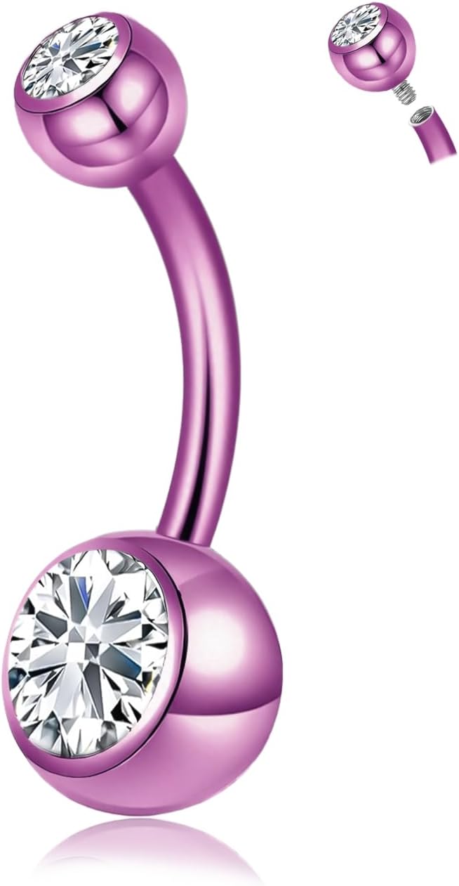 Titanium Belly Button Ring Set (4 Lengths, 14G) ,Hypoallergenic Curved Barbell Navel Piercing Jewelry with 5mm & 8mm Cubic Zirconia Crystals,Floating Belly Button Rings (7 Iridescent Body Colors) - Image 2