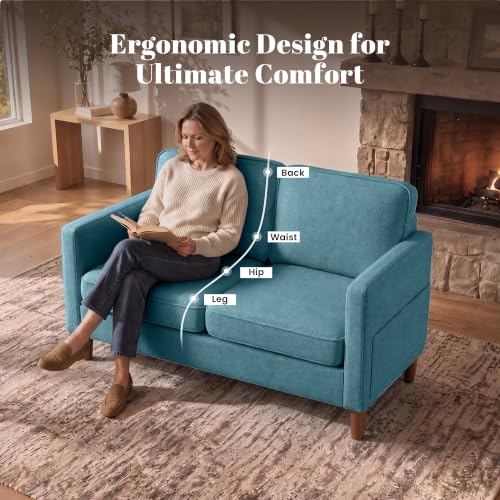 Image of 56 inch Chenille Loveseat Sofa, Mid Century Modern 2 Seater Love Seat Couch