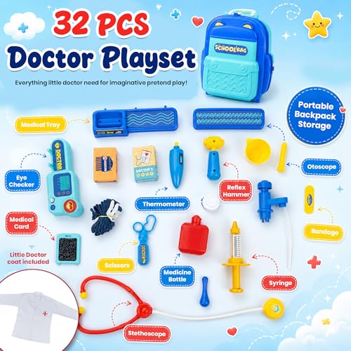 Image of Kids Doctor Play Set with Doctor Coat | 32-Piece Pretend Clinic Kit with Stethoscope, 2 in 1 Suitcase | Educational Medical Role Play Toy for Boys Girls Age 2-8 Years | White
