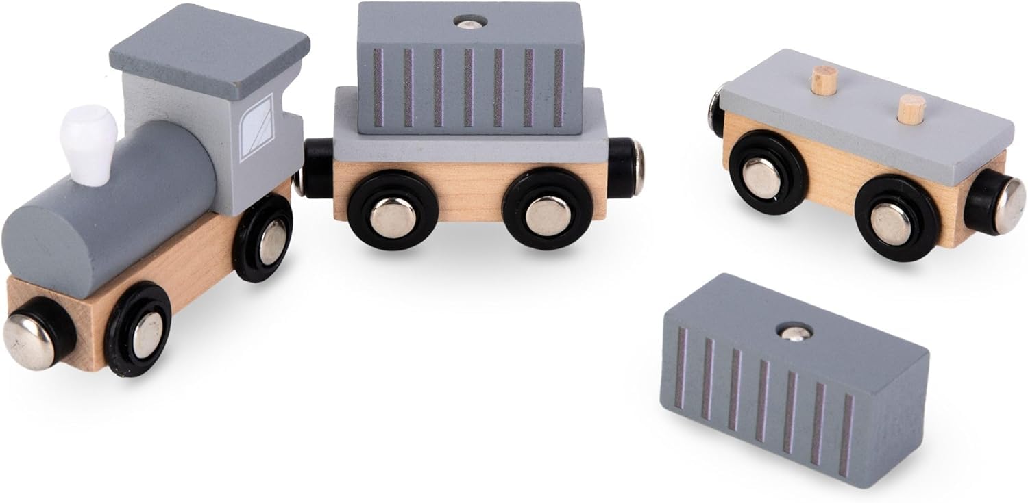 Mamabrum GRÚa Portuaria de Madera con Imán y Accesorios - Juguete Educativo Similar a Lego Duplo - Camiones de Juguete para Niños - Tractor y Remolque 24x34x35cm
