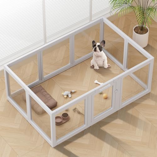 Image of Clear Acrylic Dog Playpen Indoor, Puppy Cat Small Pet Play Pen, Pet Cat Playpen for Rabbits, Dog Fence Crate Kennel Whelping Cage (Grey, 10 Panel)