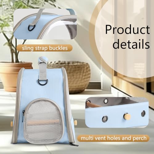 Image of Bird Carrier, Portable Small Bird Parrot Parakeet Carrier with Standing Perch and Stainless Steel Tray, Side Access Window Collapsible (Blue, Clear Windows)