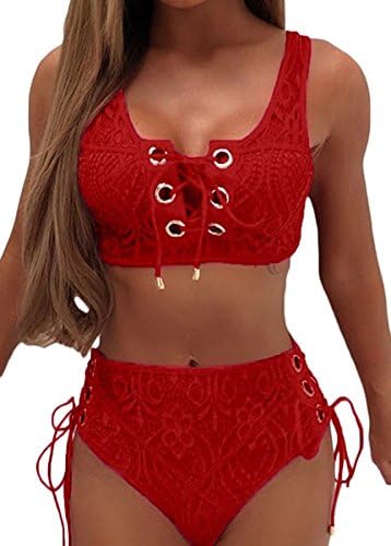Gefemini Women's Sexy Lace 2pc Bandage Body Suit Bikini Set Lace up Swimsuit Beach Swimwear Non-Padded Bathing Suit