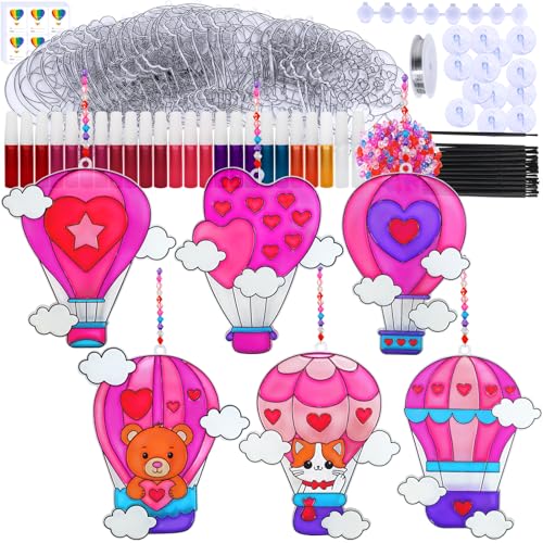 Winlyn 24 Sets Heart Hot Air Balloon Suncatchers Ornaments Decorations DIY Window Paint Art Craft Kits Sun Catcher Painting Kit for Kids Valentine's Day Classroom Activities Party Favors Gift Exchange