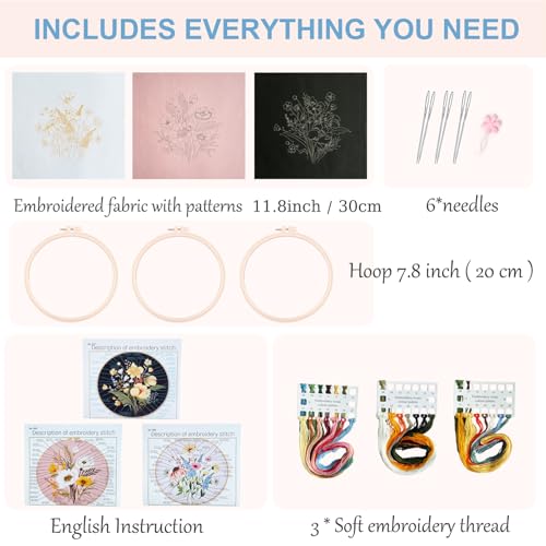 Image of Silentsea 3 Embroidery Kits-Beginner Collection, Includes All Needed 3 Plastic Hoops, 3 Embroidery Fabrics with Patterns, Threads, Needles, and More.
