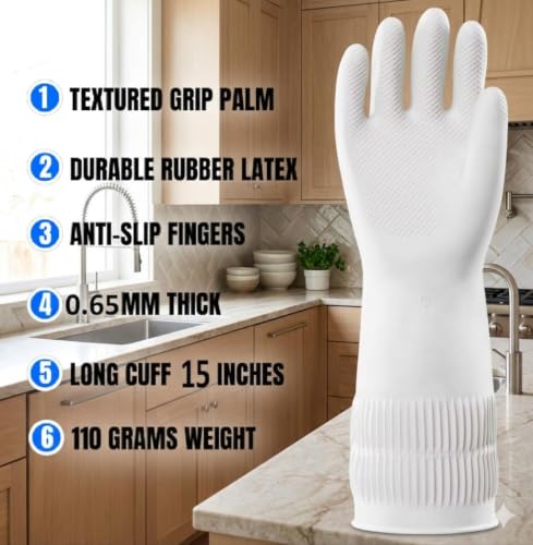 Image of White Multipurpose Rubber Gloves| Cleaning| Kitchen| Dishwashing | Gardening | Pet Care | Painting | Reusable| Non-Slip| Latex-Free| Heavy Duty| Waterproof|- 15 INCH. (1 WHITE) |