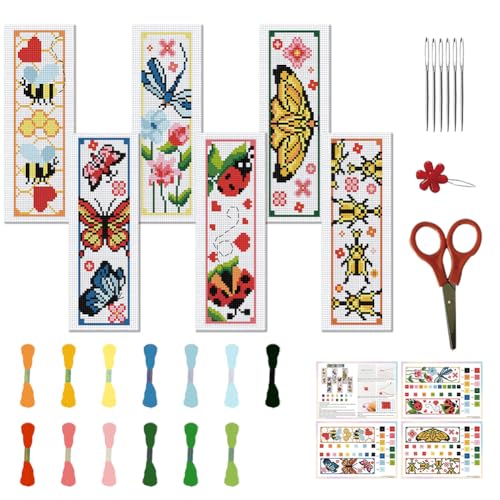 Image of FREEBLOSS 6 Set Insect Cross Stitch Bookmark Stamped Cross Stitch Kit with Garden Insect Patterns Embroidery Kit with Instruction DIY Bookmark Kit for Gift Adults 8.67''x3''