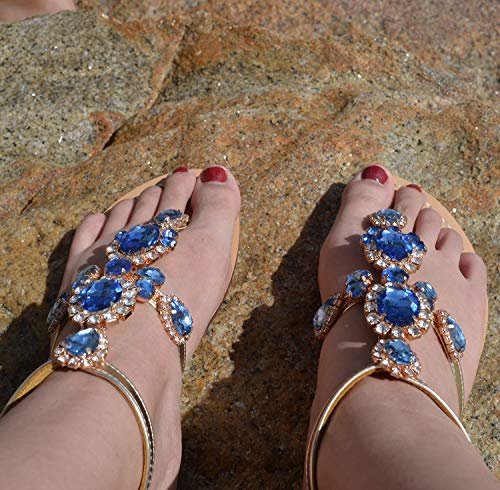 Image of ZhuLinFeng Women'S Rhinestone Gladiator Sandals Flat Wedding Sandals Gem Pearl Sparkling Bridal Bridesmaid Sandals Blue Bohemian Sandals