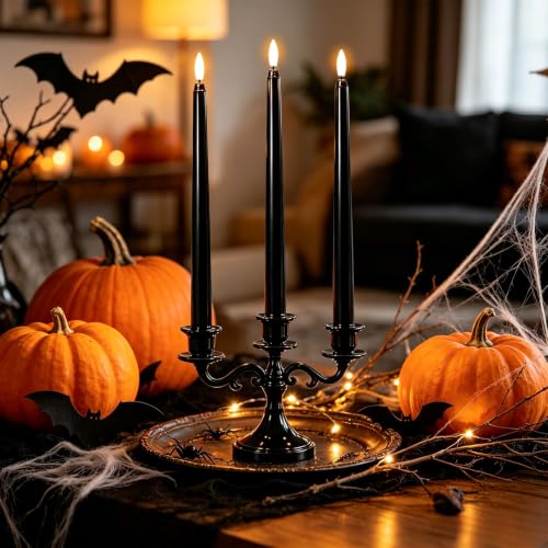 Image of Wondise 24pcs Halloween Flameless Taper Candles, Black Candles Battery Opearated Plastic LED 3D Wick Flickering for Halloween Table Decorations