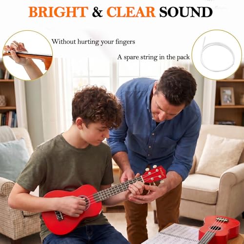 Image of Everjoys Soprano Ukulele Beginner Kit 21 Inch w /Free Online Lesson Gig Bag Tuner Picks Strap, Fast to Learn (Shinny Red）
