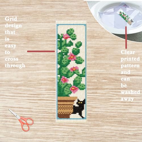 Image of FREEBLOSS 6 Set Cross Stitch Bookmark Kits Cat and Potted Plants Stamped Cross Stitch Kit for Beginners, Printed Embroidery Bookmarks Kit with Instructions for Adults, 8''x2.4''