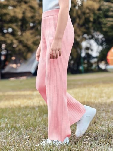 Image of Haloumoning Girls Solid Rib Knit Wide Leg Pants Elastic Waist Flowy Casual Sweater Pants 5-14 Years