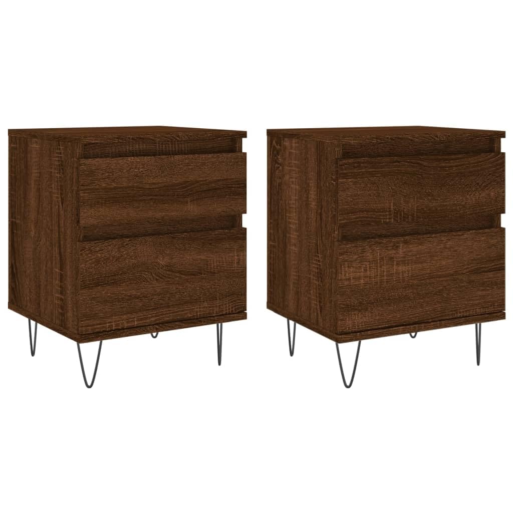 Nachttische 2er-Set Braun Eichen-Optik Holzwerkstoff 40x35x50 cm | Stilvolle Beistelltische fürs Schlafzimmer mit Schublade, Tür und robusten Metallbeinen im Doppelpack.
