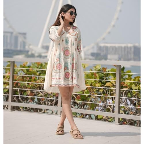 Image of Women's Off-White Cotton Embroidered Short Dress, Petal Stitch Detailing, Half Sleeves, A-Line Fit