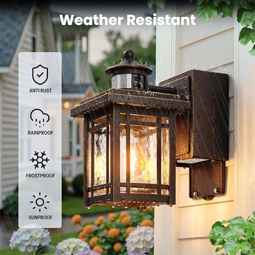 Image of Gleamz Porch Light with Outlet, Anti-Rust Motion Sensor Outdoor Porch Lights, Oil-Rubbed Bronze Gold Trim Outdoor Light with Outlet, Waterproof 5 Modes Outside Garage Lights for House, Patio, Balcony