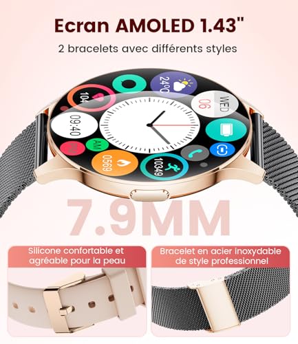 DREMAC Montre Connectée Femme avec Appel Bluetooth/1.43'' Amoled Smartwatch avec 120+ Modes Sport,24/7 Moniteur Fréquence Cardiaque,Podometre/SpO2/Sommeil,Compatible Android iOS – Image 3