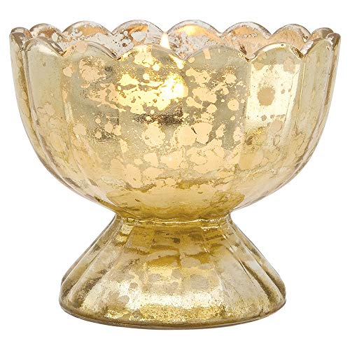 Cultural Intrigue Luna Bazaar Vintage Mercury Glass Candle Holder (3-Inch, Suzanne Design, Sundae Cup Motif, Gold) - for Use with Tea Lights - for Home Decor, Parties, and Wedding Decorations