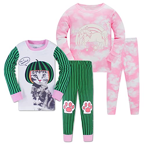 LOLPIP Pijamas para niñas, ropa de dormir 100% algodón, pijamas para niños, pijamas de manga larga, conjunto de 4 piezas de 2 a 12 años, Unicornio rosa teñido anudado + gato, 5 años